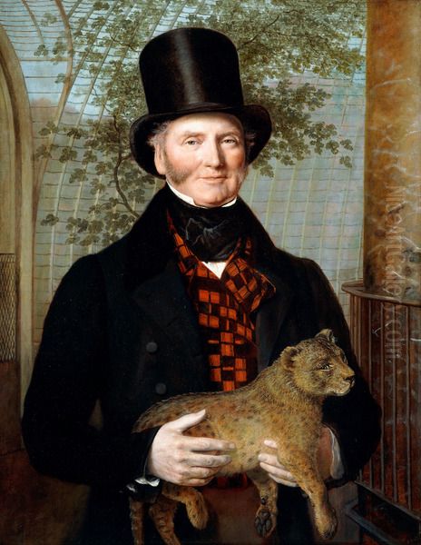 Portrait of Edward Cross, half-length, in a black coat and red-check waistcoat holding a Lion Cub Oil Painting by Jacques-Laurent Agasse