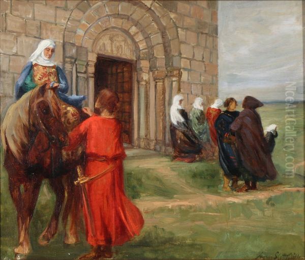 Proud Adelus meeting Terkel in front of the church. Oil Painting by Agnes Slott-Moller