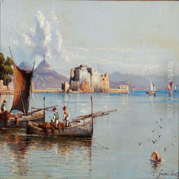 Fishermen In The Gulf Of Naples With Castel Dell'ovo In The Background Oil Painting by Giuseppe Carelli