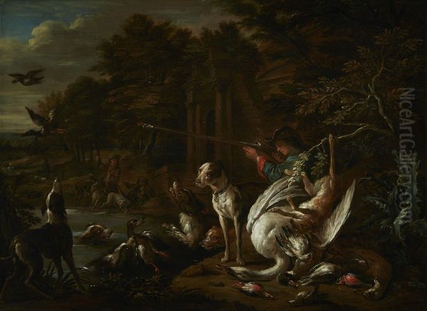 Huntsman with a dead swan at the water's edge Oil Painting by Adriaen de Grijef