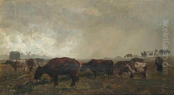 An overcast day with cows in the field. Oil Painting by Otto Bache