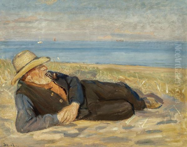 En fisker liggende i aftensolen i klitterne pa Skagen Strand. Oil Painting by Michael Peter Ancher