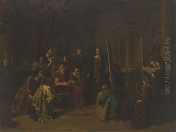 Leonardo da Vinci Among His Students Oil Painting by Jean-Baptiste Jules Trayer