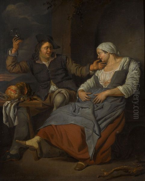 A seated couple drinking wine Oil Painting by Jacob Toorenvliet