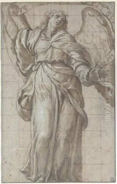 An Angel Looking Up, Holding A Scroll Oil Painting by Domenico Caresana