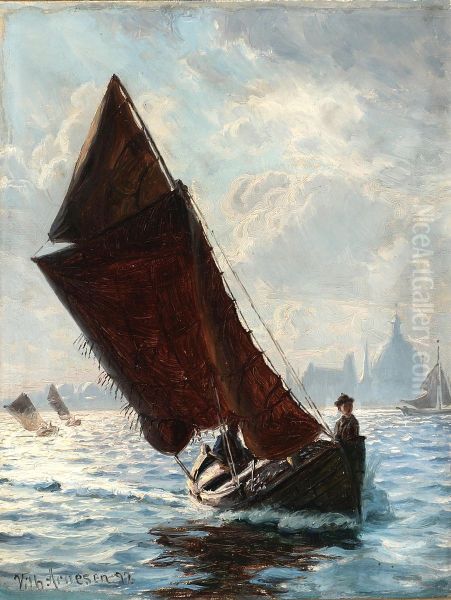 Sejlbade i Kobenhavns Havn med Frederiks Kirke i baggrunden. Oil Painting by Vilhelm Arnesen