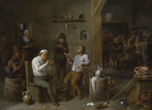 Interior tavern scene with peasants drinking and smoking Oil Painting by David Teniers the Younger