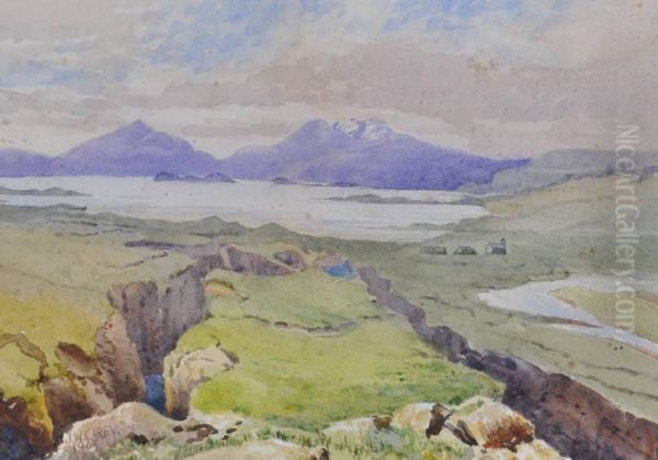 Extensive Irish Landscape Towards The Mountains Oil Painting by Joseph Carey Carey