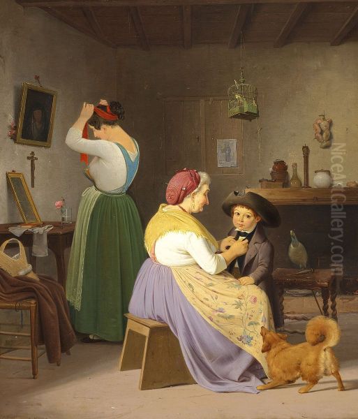 A Grandmother tidying up a little Boy, while his Mother is dressing in front of a Mirror. Oil Painting by Albert Kuchler