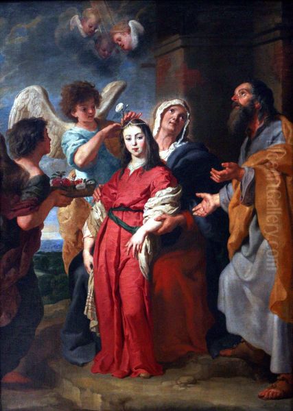 Adolescent Virgin decorated by Angels in the presence of Joachim and Saint Anne Oil Painting by Gaspar De Crayer