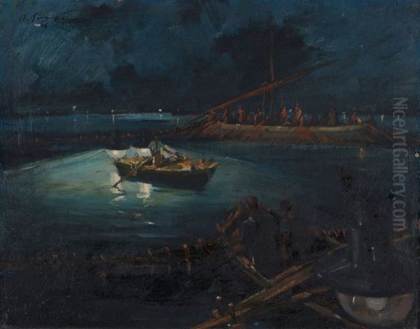 Nocni ribolov Oil Painting by Albert Sirk