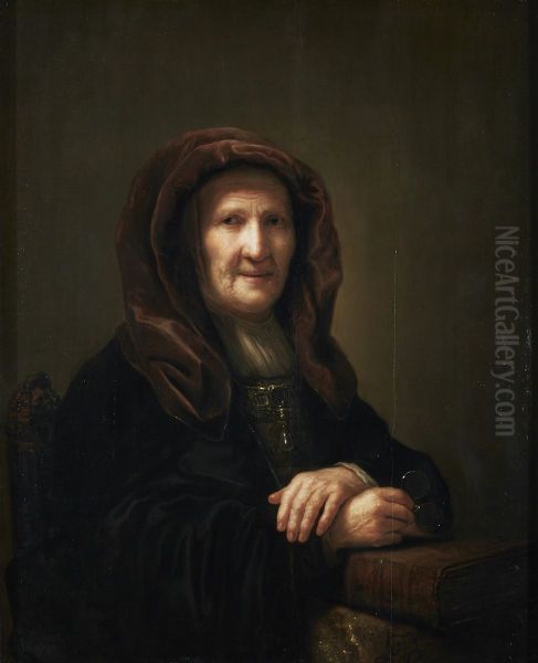 A tronie of an old woman seated, holding spectacles in her right hand Oil Painting by Pieter Hermansz Verelst