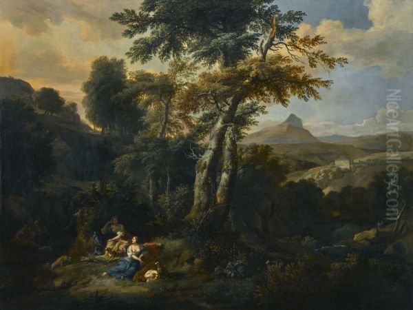 Landscape with Diana and her nymphs Oil Painting by Johannes Glauber