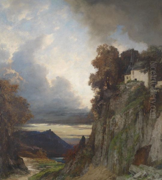 Abendstimmung am Rhein (bei Koblenz) Oil Painting by Albert Flamm