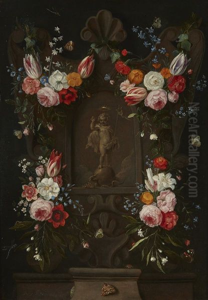 Swags of Tulips, Roses, Lilies, Carnations, Hyacinths, Cornflowers, Forget-me-Nots and other Flowers decorating a stone Cartouche with a Relief of the Christ Child, with a Dragonfly, Moths and other Insects Oil Painting by Jan van Kessel the Elder