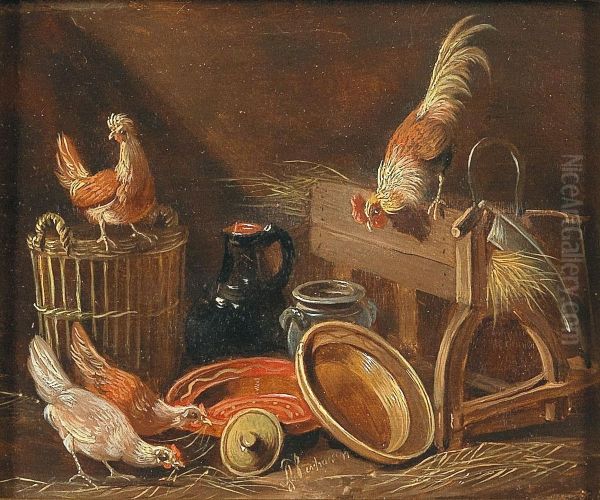 Huhnervolk im Stall Oil Painting by Albertus Verhoesen