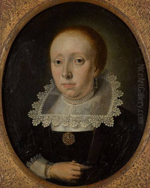 Portrait of a lady, half-length, wearing black with white lace collar and cuffs Oil Painting by Wolfgang Heimbach