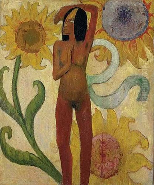 Caribbean Woman, or Female Nude with Sunflowers Oil Painting by Paul Gauguin