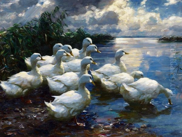 Enten am Ufer des Bodensees. Oil Painting by Alexander Koester