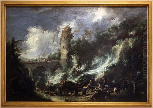 burrasca con ponte e torre Oil Painting by Alessandro Magnasco