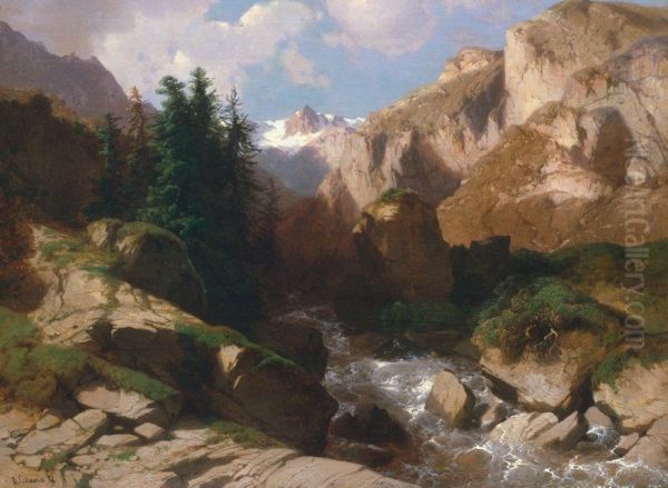 Mountain Torrent Oil Painting by Alexandre Calame