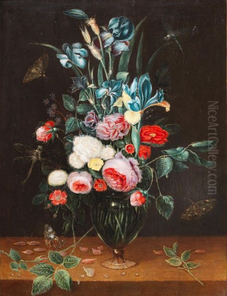 Irises, roses and other flowers in a glass vase on a wooden table with butterflies and dragonflies Oil Painting by Alexander Adriaenssen