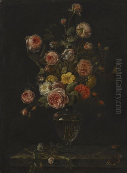 A still life with red, white and pink roses in a glass vase over a stone ledge with butterflies, a grasshopper and a beetle Oil Painting by Alexander Adriaenssen