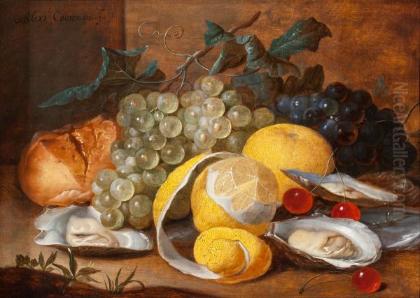 Still Life of Grapes, Lemons, Cherries, Oysters and a Bread Roll Oil Painting by Alexander Coosemans