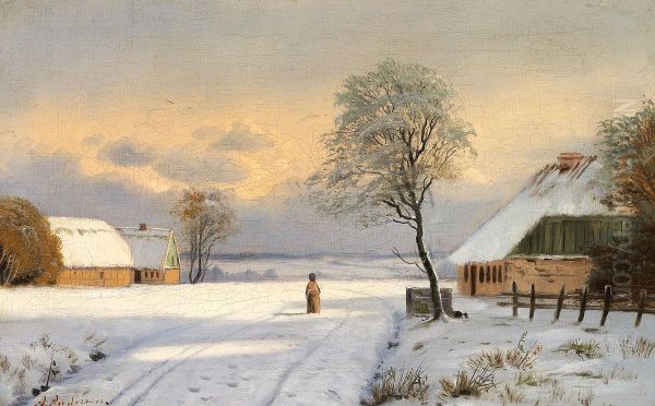 A snow covered road with a woman. Oil Painting by Anders Andersen-Lundby