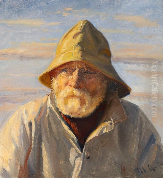 En skagensfisker med sydvest. Oil Painting by Michael Peter Ancher