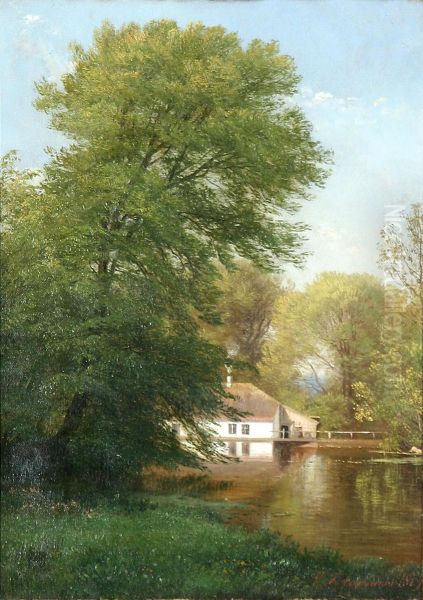 A landscape from Hammer Mill in Hellebaek. Oil Painting by Carl Frederik Aagaard