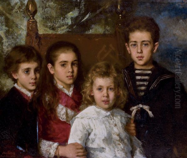 Portrait of four children from the second marriage of Paul Pavlovich Demidoff Oil Painting by Alexei Harlamov