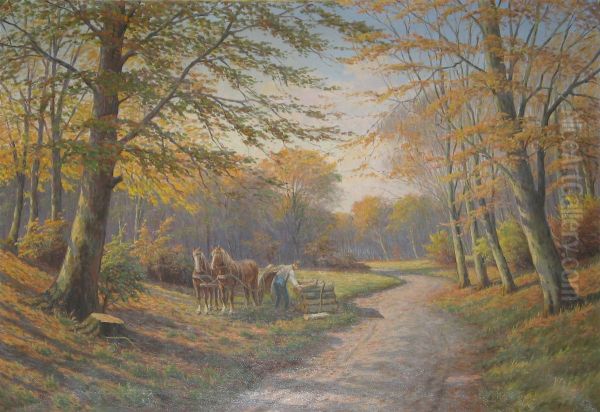 Fetching firewood in the forest. Oil Painting by Alfred Larsen