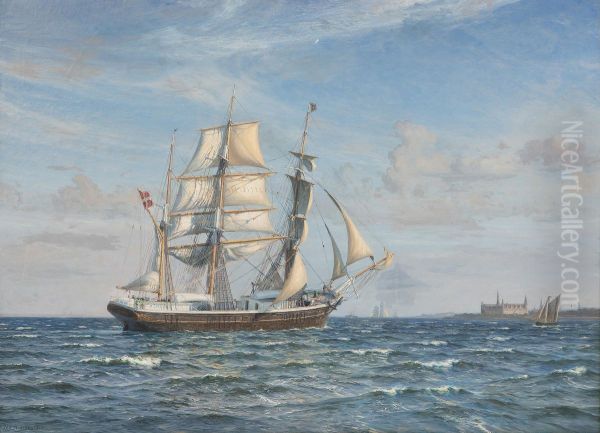 A barque in the Sound near Kronborg. Oil Painting by Vilhelm Arnesen