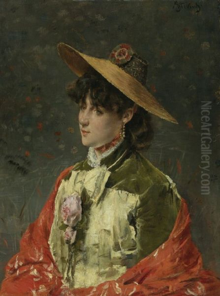 Femme au chapeau de paille Oil Painting by Alfred Stevens