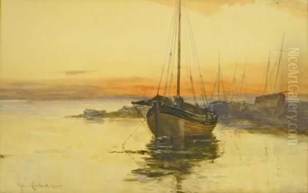 Moored Boats - Evening Oil Painting by John Carlaw