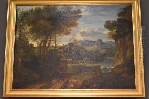 Paysage d'Italie avec un berger et diverses figures vetues a l'antique Oil Painting by Gaspard Dughet