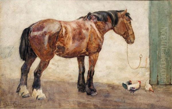 Pony And Chickens In A Yard Oil Painting by John Carlaw