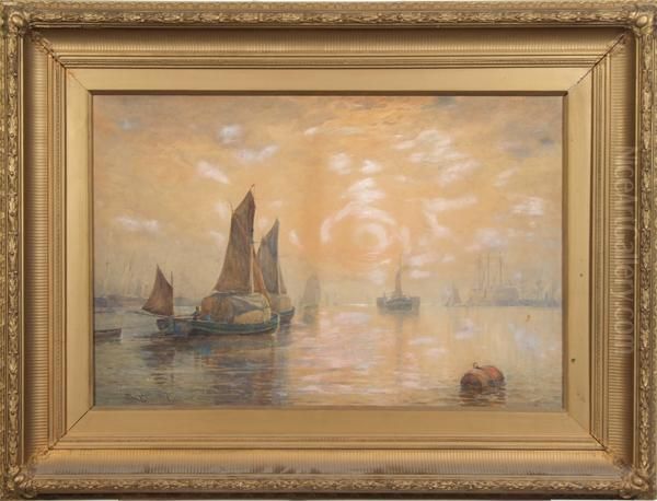 Harbor Scene At Sunset by William Carlaw