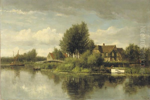 Mansions Along A River In Summer Oil Painting by Francois Carlebur Of Dordrecht