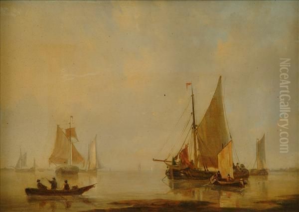 Dutch Shippingin A Calm Oil Painting by Francois Carlebur Of Dordrecht