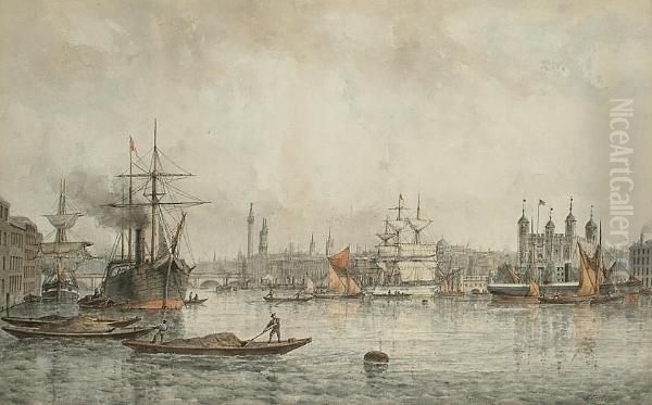 The Thames At The City Oil Painting by Francois Carlebur Of Dordrecht