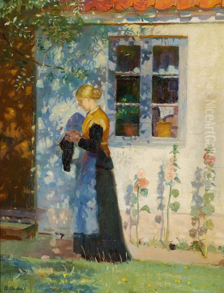 En ung pige med sit strikketoj foran et Skagenshus. Oil Painting by Anna Ancher