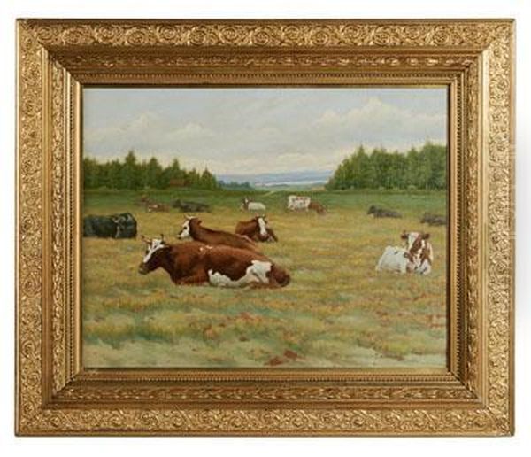 Cows Resting In A Pasture Oil Painting by Gustaf Carleman