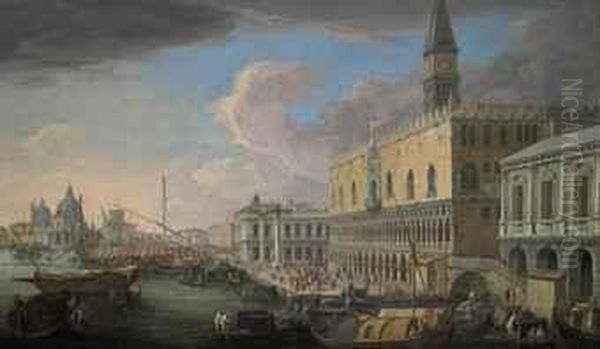 View Of The Molo, Venice, Looking West Oil Painting by Luca Carlevarijs