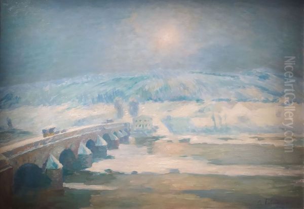 The Bridge over the Allier at Pont-du-Chateau in Winter (1885) Oil Painting by Albert Lebourg