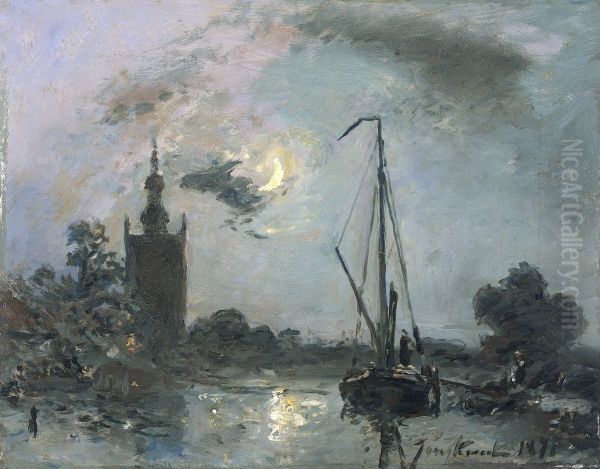 Overschie in the Moonlight Oil Painting by Johan Jongkind