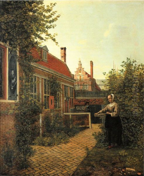 A Woman with a Basket of Beans in a Garden Oil Painting by Pieter De Hooch