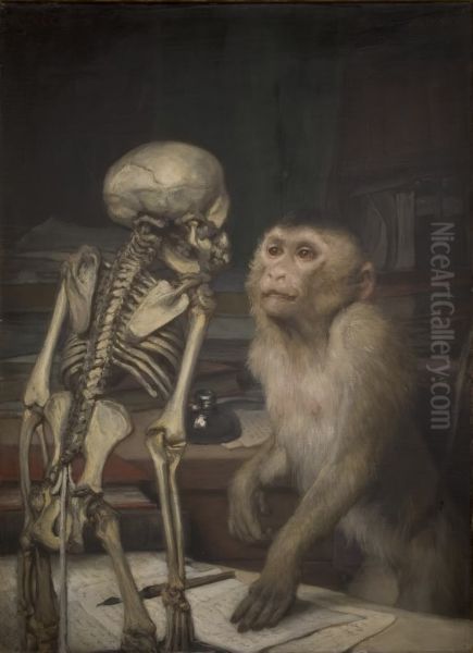 Monkey before skeletton Oil Painting by Gabriel von Max