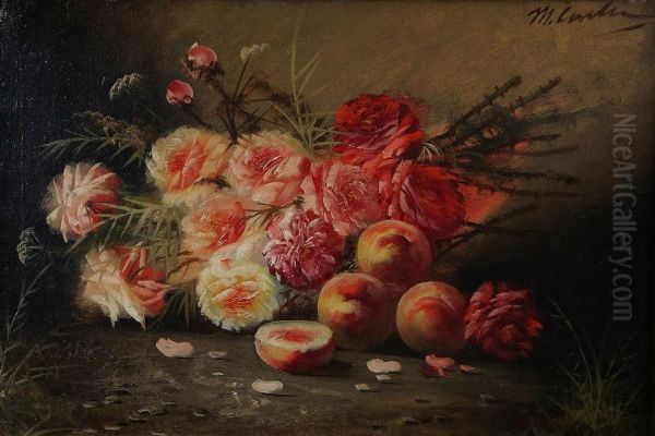 Stilleven Met Rozen En Perziken Oil Painting by Max Carlier